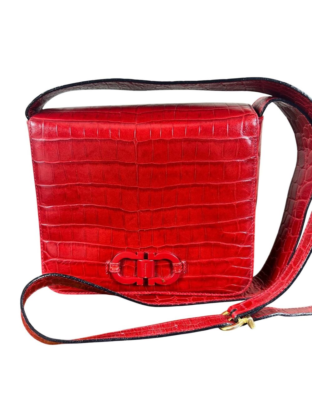 Salvatore Ferragamo Crossbody Bag Red Leather Croc Embossed Shoulder Purse